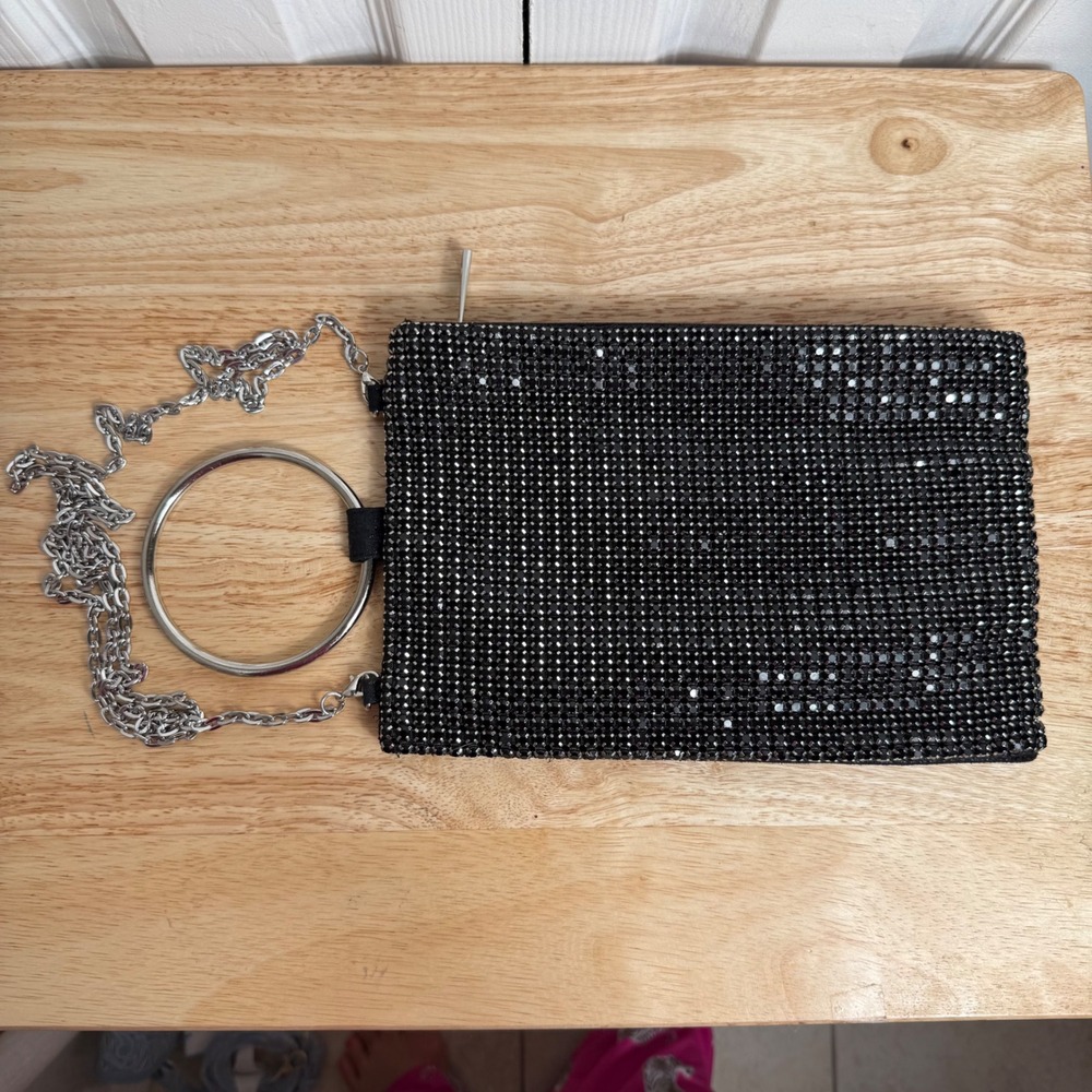 INC Rhinestone Mesh Clutch Bag Small Black Y2K Glam Evening Purse with O-Ring